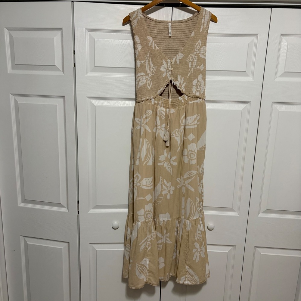American Eagle Maxi Dress Womens L Tan Cutout Tassel Boho Core Cottage Festival